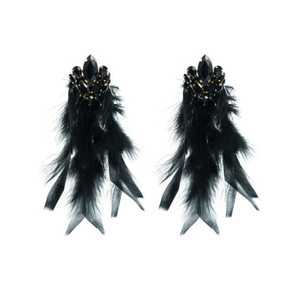 Bohemian Floral Alloy Rhinestone Long Feather Tassel Earrings