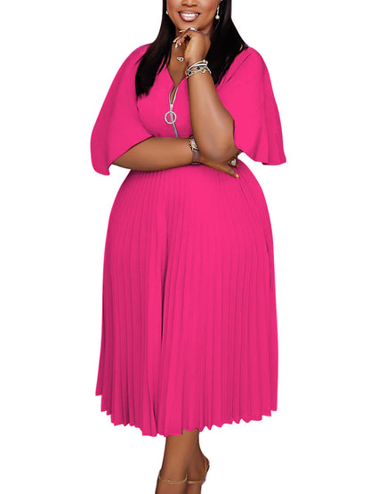 Plus Size V Neck Ruffled Sleeve Dress Elegant Polyester Midi Dress