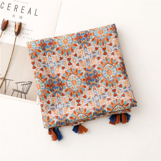Vintage Ethnic Style Cotton Linen Scarf Women'S Geometric Floral Fringe Shawl Woman