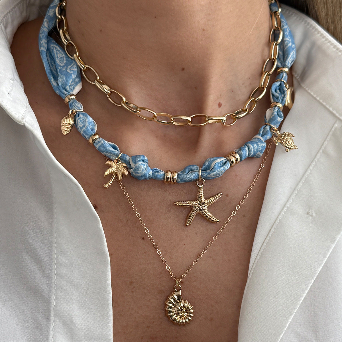 Starfish Shell Pendant Necklace Creative Layered Choker Chain For Women