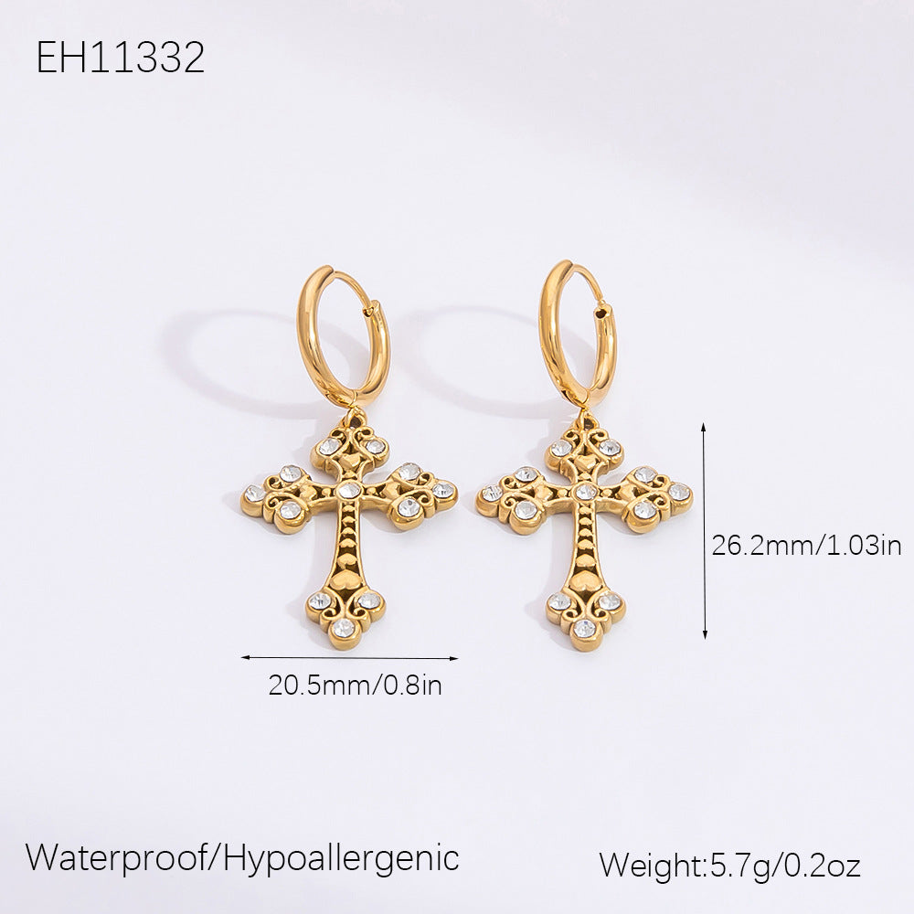 Gold Hollow Cross Earrings with Zircon Stones
