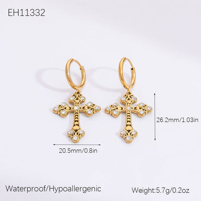 Gold Hollow Cross Earrings with Zircon Stones