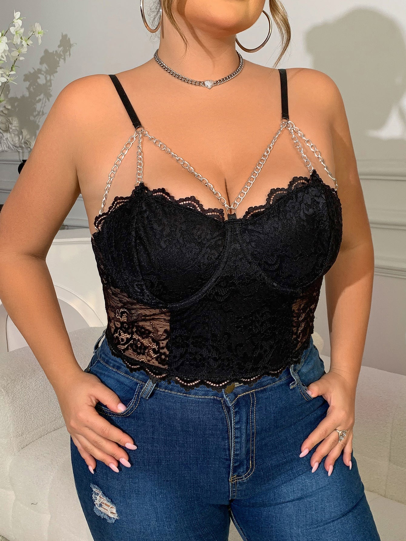 Plus Size Lace Camisole With Chain Detail For Sexy Casual Look