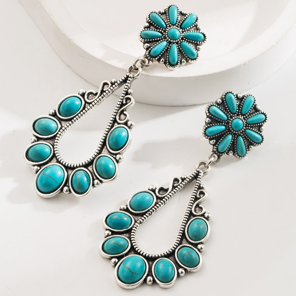 Retro Western Style Turquoise Cross Drop Earrings