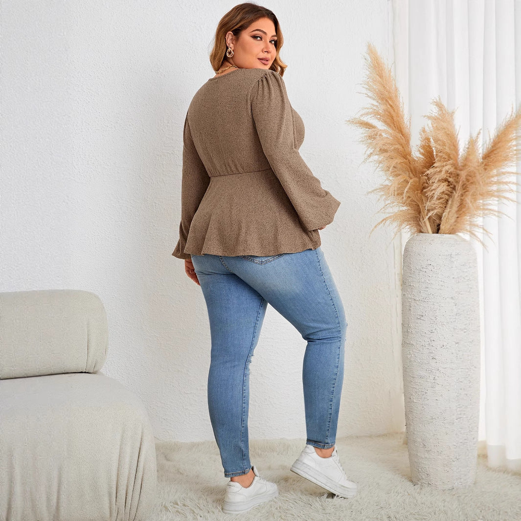 Casual V-Neck Long Sleeve Top For Plus Size Women