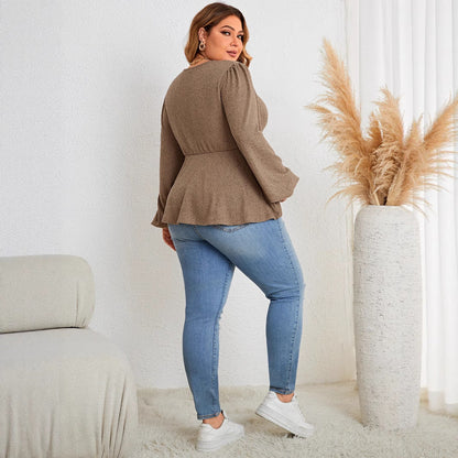 Casual V-Neck Long Sleeve Top For Plus Size Women