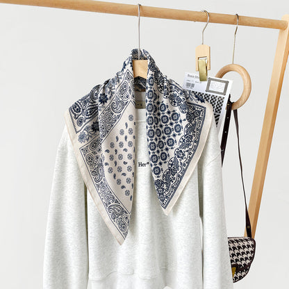 Splicing Print Vintage Square Silk Scarf