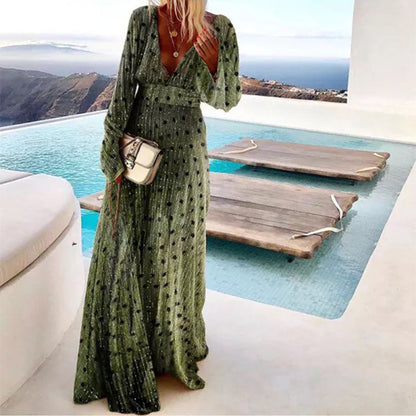 Fashionable Deep V Green Gradient Print Maxi Dress