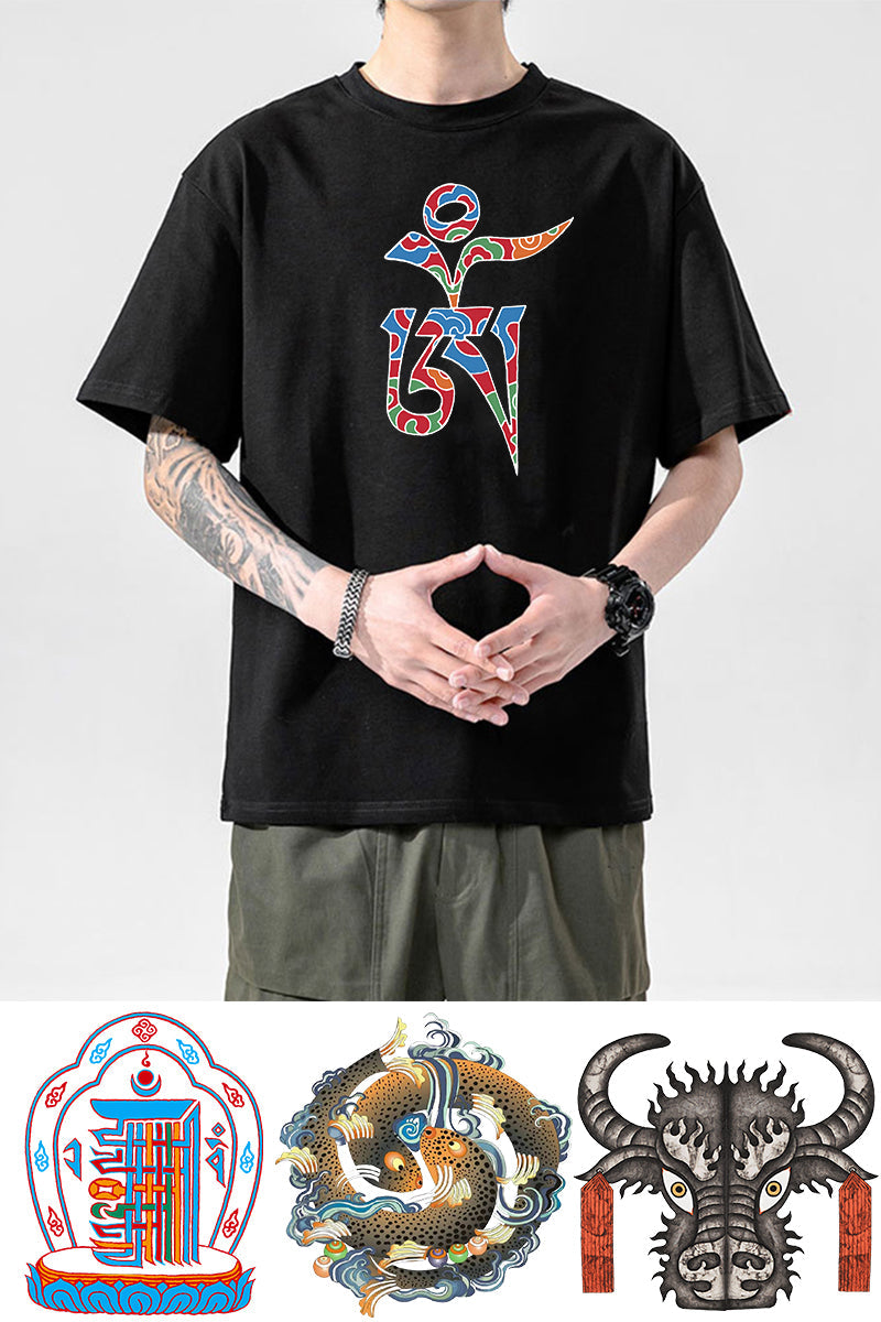 Tibetan Culture T-Shirt, Tibetan Totem, Eight Auspicious Characters, Six True Words, Short Sleeved Tibetan Clothing, Yak Clothing
