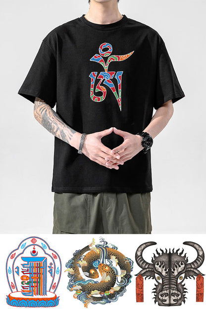 Tibetan Culture T-Shirt, Tibetan Totem, Eight Auspicious Characters, Six True Words, Short Sleeved Tibetan Clothing, Yak Clothing
