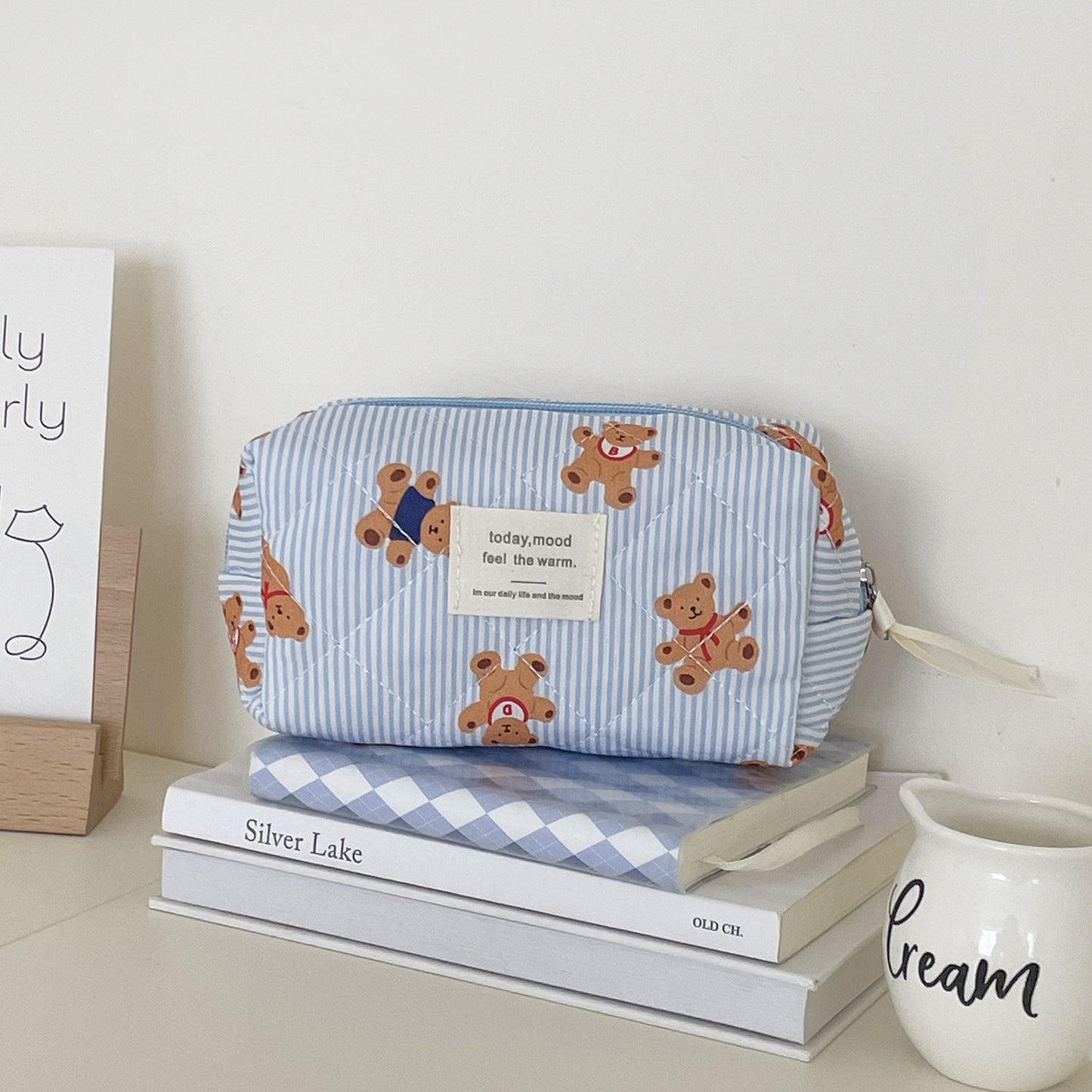 Cute Pink Striped Bear Makeup Bag Portable Cartoon Toiletry Pouch