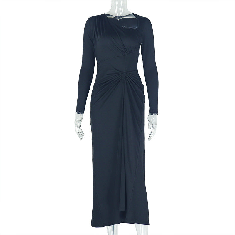 Elegant Ruffle Asymmetrical Dress With Long Sleeves