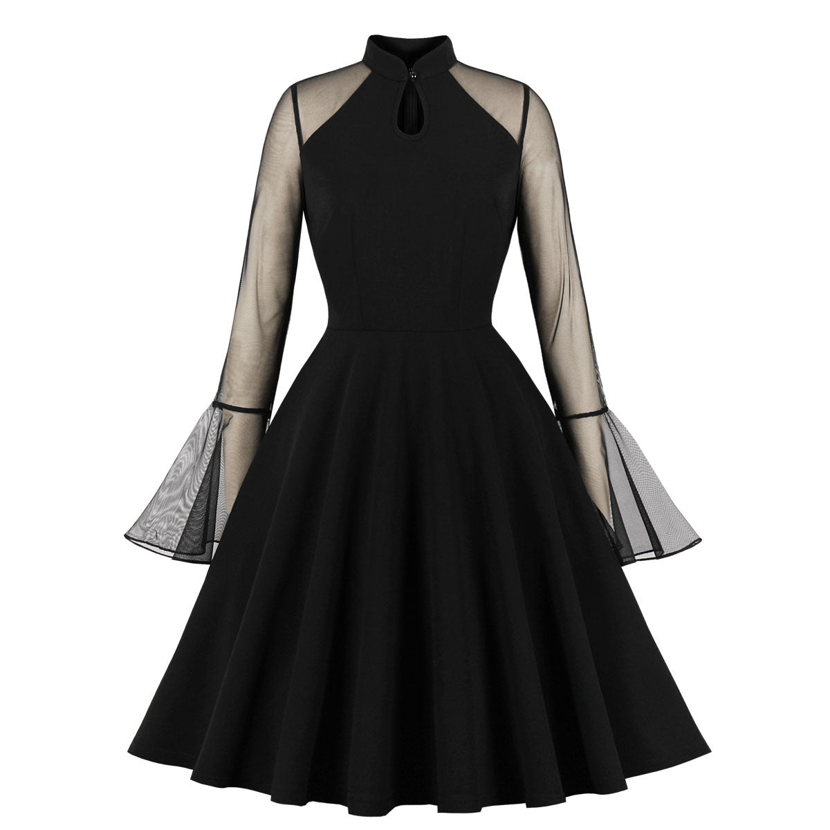 Vintage Bell Sleeve Mesh Panel Midi Dress