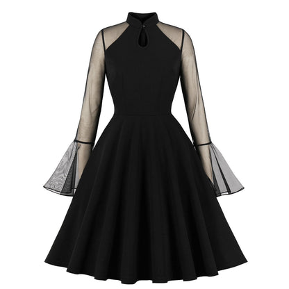 Vintage Bell Sleeve Mesh Panel Midi Dress