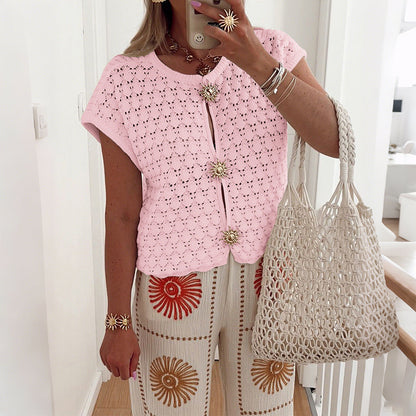 Casual Geometric Lace Short Sleeve T-Shirt