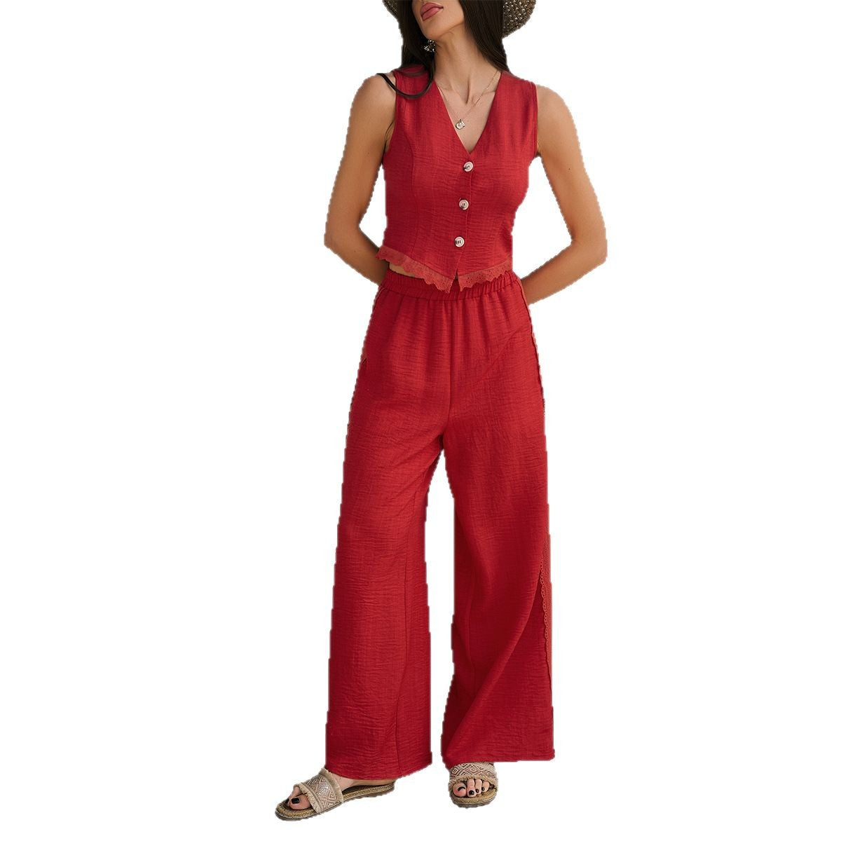 Casual Solid Color Cardigan and Wide-Leg Pants Set