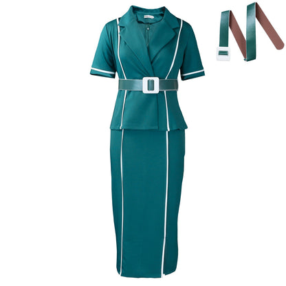 Elegant Short Sleeve Blazer Dress With Ruffle Hem