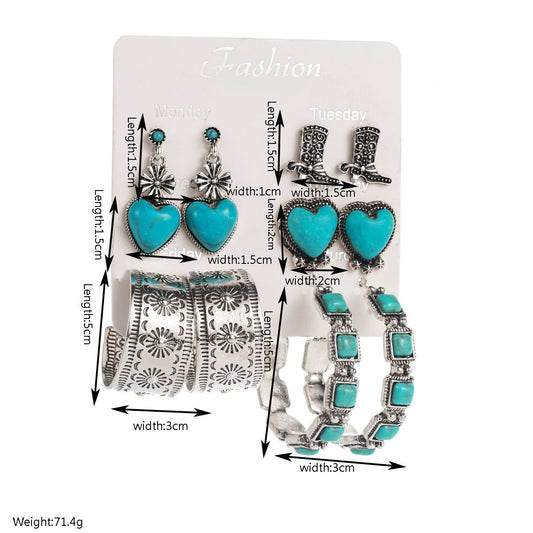 Vintage Heart-Shaped Turquoise Earrings Set, Retro Style