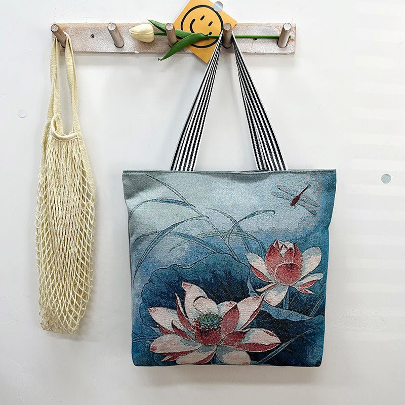 Large Capacity Tote Bag with Golden Embroidery Creative Pattern