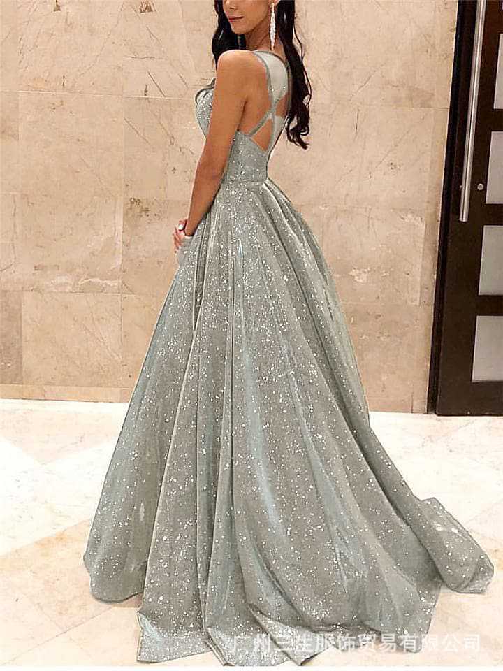 Elegant Sparkly Maxi Dress Sleeveless V-Neck Evening Gown