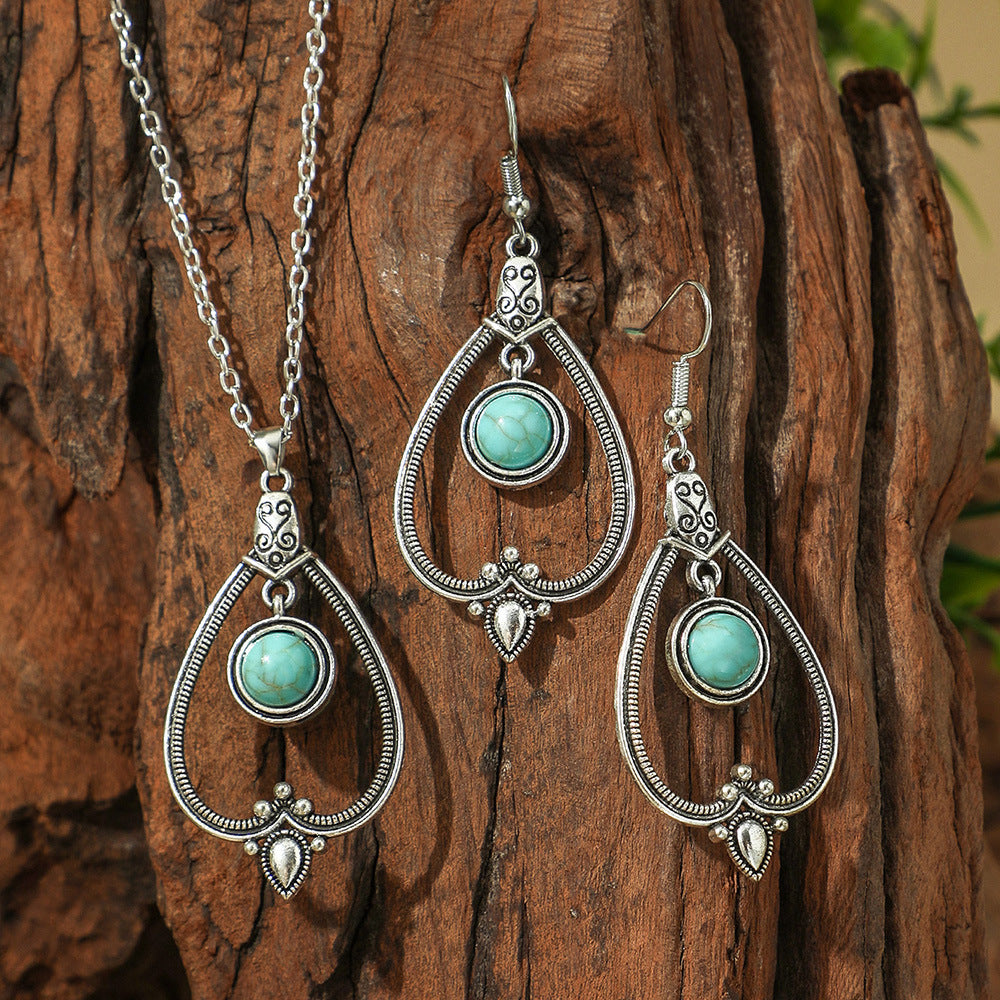 Bohemian Vintage Turquoise Water Drop Earrings and Necklace Set