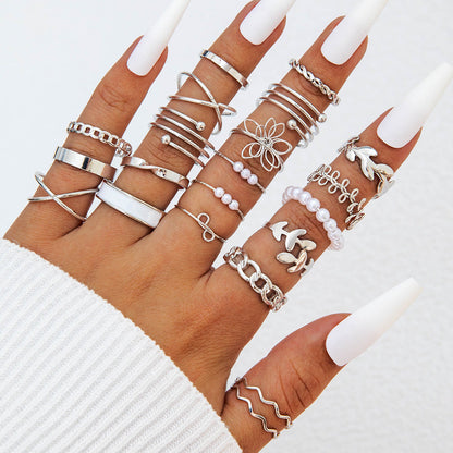 Trendy Leaf Heart Rings Geometric Pearl Joint Stacking Ring Set