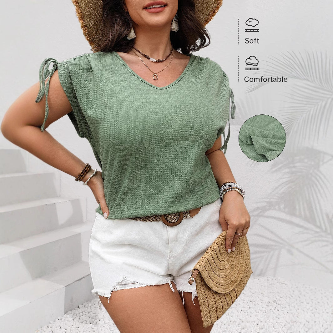 V-Neck Drawstring Short Sleeve Loose Top For Women