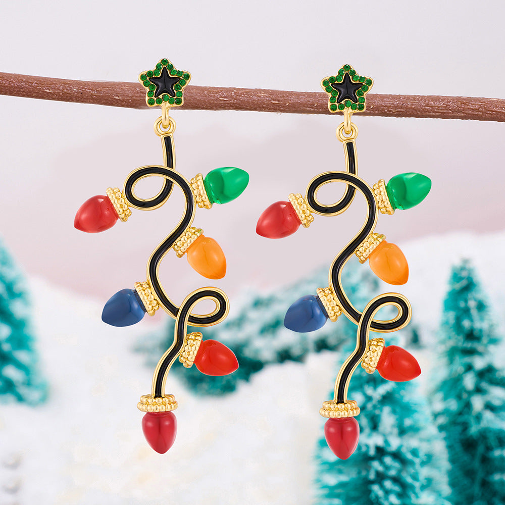 Colorful Light Bulb Rhinestone Christmas Dangle Earrings