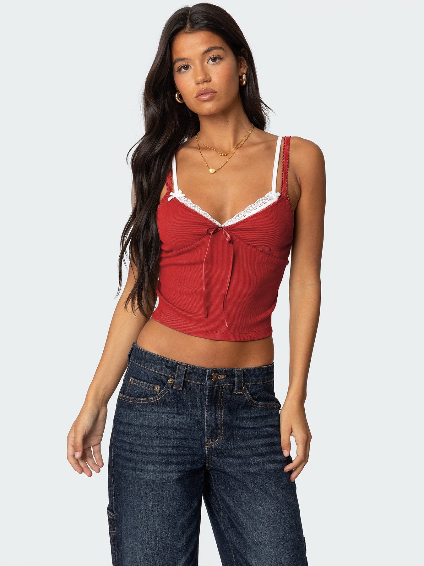Fashionable Color Block Lace Overlay Cami with Bow Double Shoulder Straps
