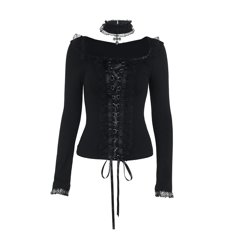 Dark Aesthetic Lace Trim Long Sleeve Top with Choker