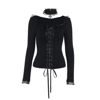 Dark Aesthetic Lace Trim Long Sleeve Top with Choker