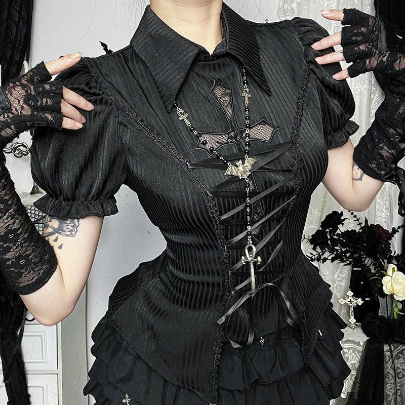 Gothic Lace Cross Lolita Shirt Elegant Short Sleeve