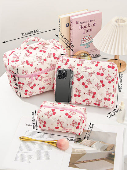 Cute Cherry Bow Print Travel Makeup Bag