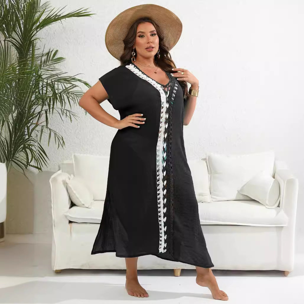 Vacation Beach Tunic Color Block Deep V Cut-Out Dress