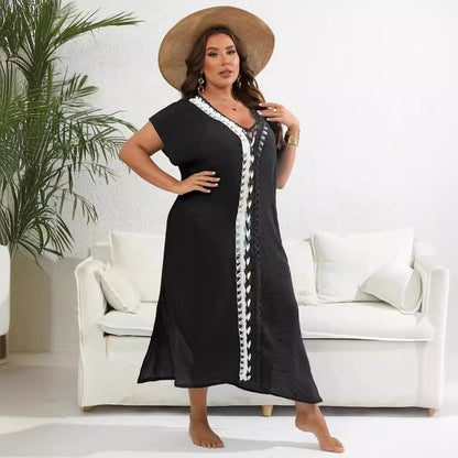 Vacation Beach Tunic Color Block Deep V Cut-Out Dress
