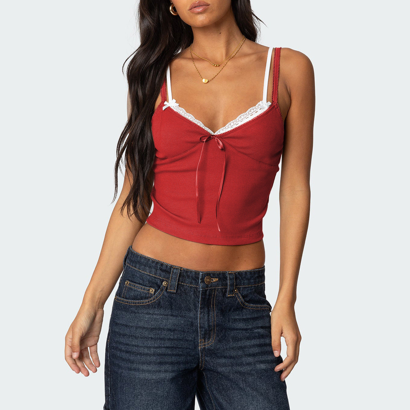 Fashionable Color Block Lace Overlay Cami with Bow Double Shoulder Straps