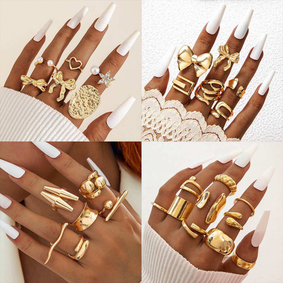 Geometric Hollow Statement Ring Set Stylish Mixed Metal Rings