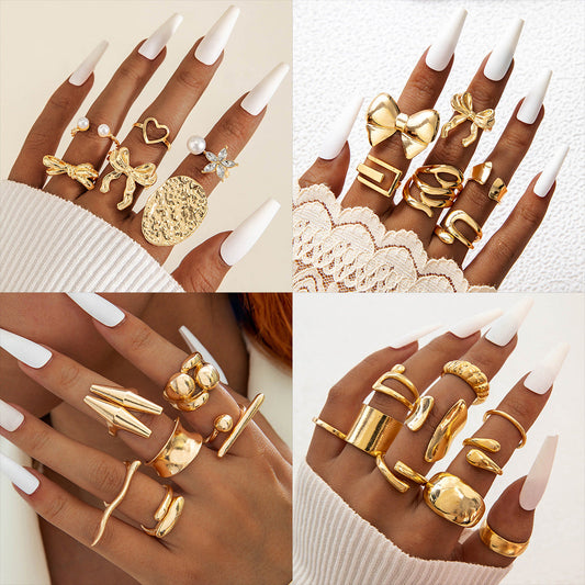 Geometric Hollow Statement Ring Set Stylish Mixed Metal Rings