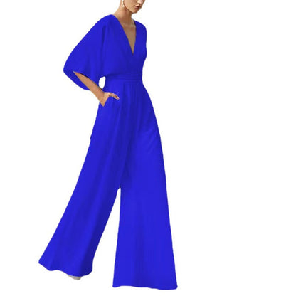 Trendy Solid Color Jumpsuit With Half Sleeves