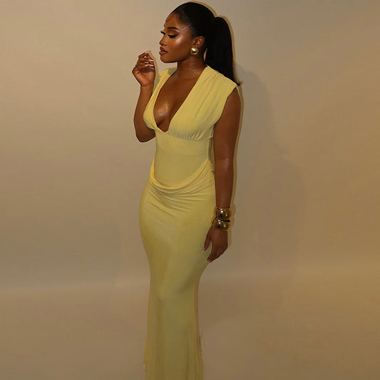 Sleeveless V-Neck Bodycon Dress In Solid Colors For Casual Street Style