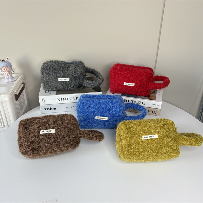 Simple Plush Solid Color Cosmetic Bag With Handle