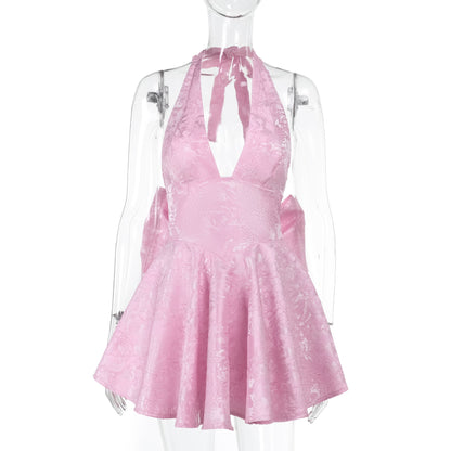 Elegant Bow Tie Halter Dress Slim Fit Polyester Blend