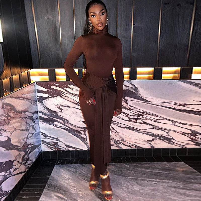 Solid Color Long Sleeve Dress With Tie Waist For Casual Style