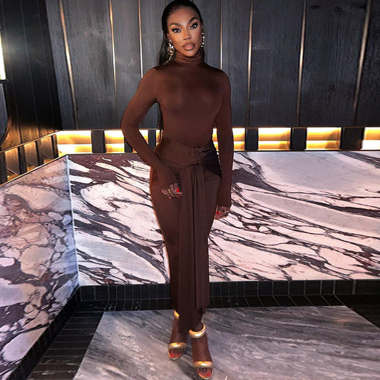 Solid Color Long Sleeve Dress With Tie Waist For Casual Style