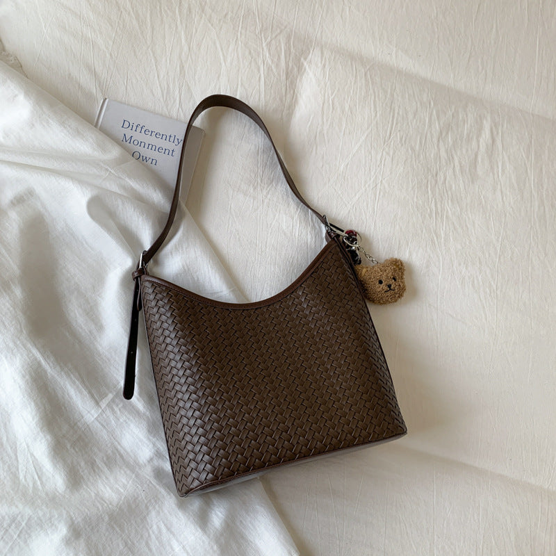 Trendy Woven Texture Bucket Tote Bag Large Capacity Casual Shoulder Bag