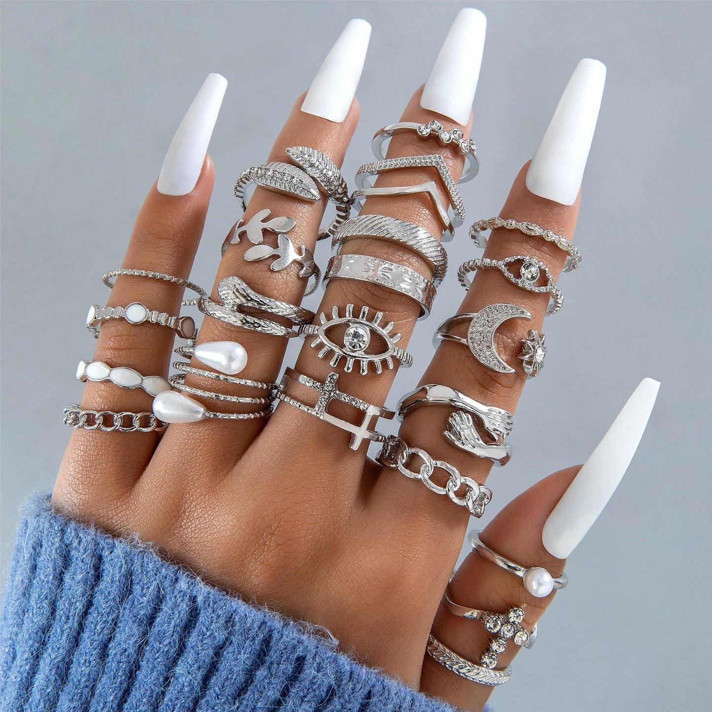 Trendy Leaf Heart Rings Geometric Pearl Joint Stacking Ring Set