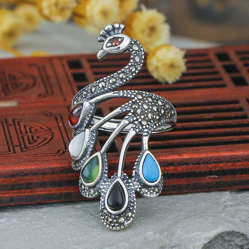 Sterling Silver Retro Thai Silver Ethnic Style Classical Ring Women'S Light Luxury Open Index Finger Fashion Personality Exaggerated Peacock Phoenix