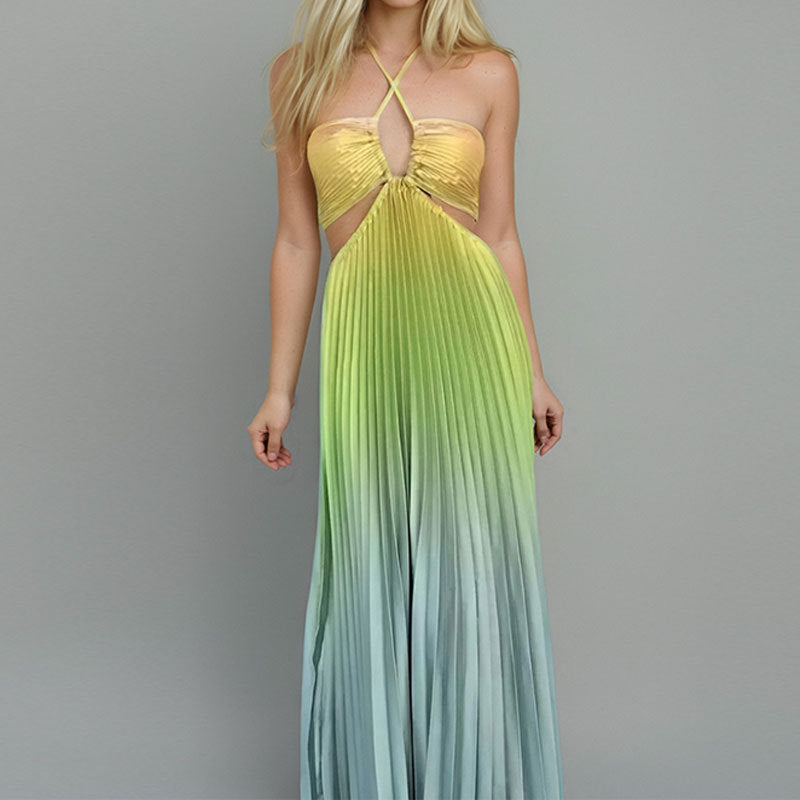 Gradient Color High-Waisted Dress Elegant Backless Maxi Dress