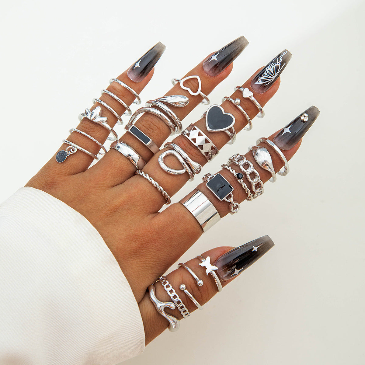 Trendy Leaf Heart Rings Geometric Pearl Joint Stacking Ring Set