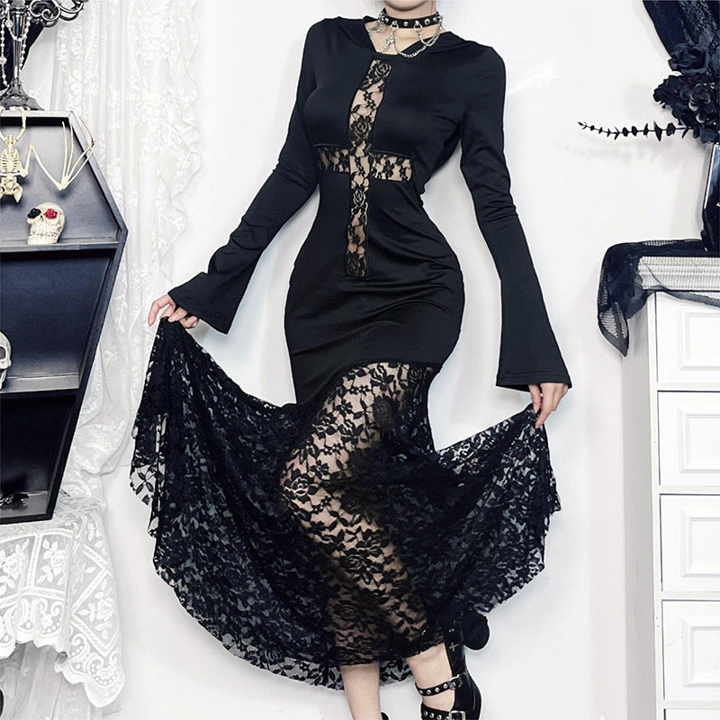 Elegant Hooded Lace Hollow Out Long Sleeve Dress